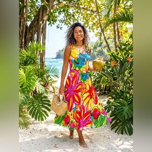 Jams World Multicolor Floral Midi Dress in Yellow, Pink, Blue, Green